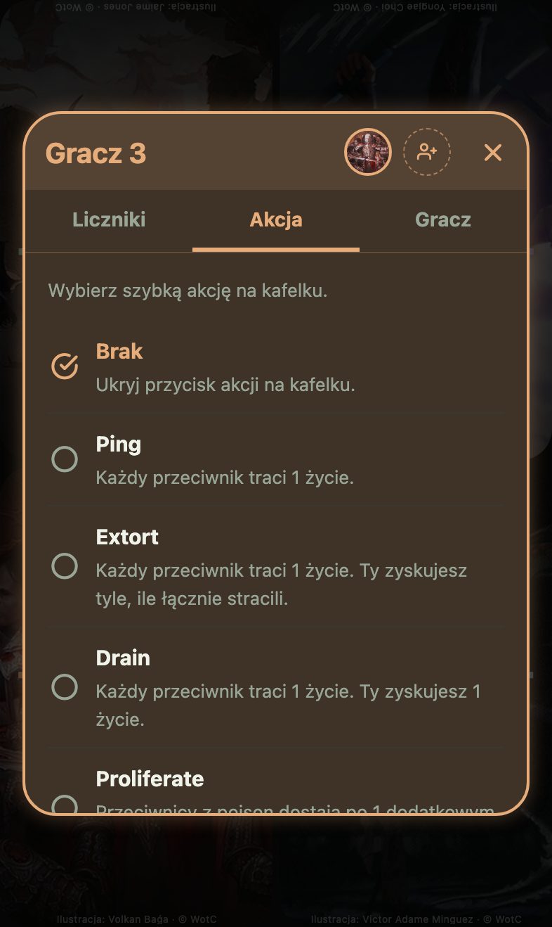 Lista akcji: Ping, Extort, Drain, Proliferate